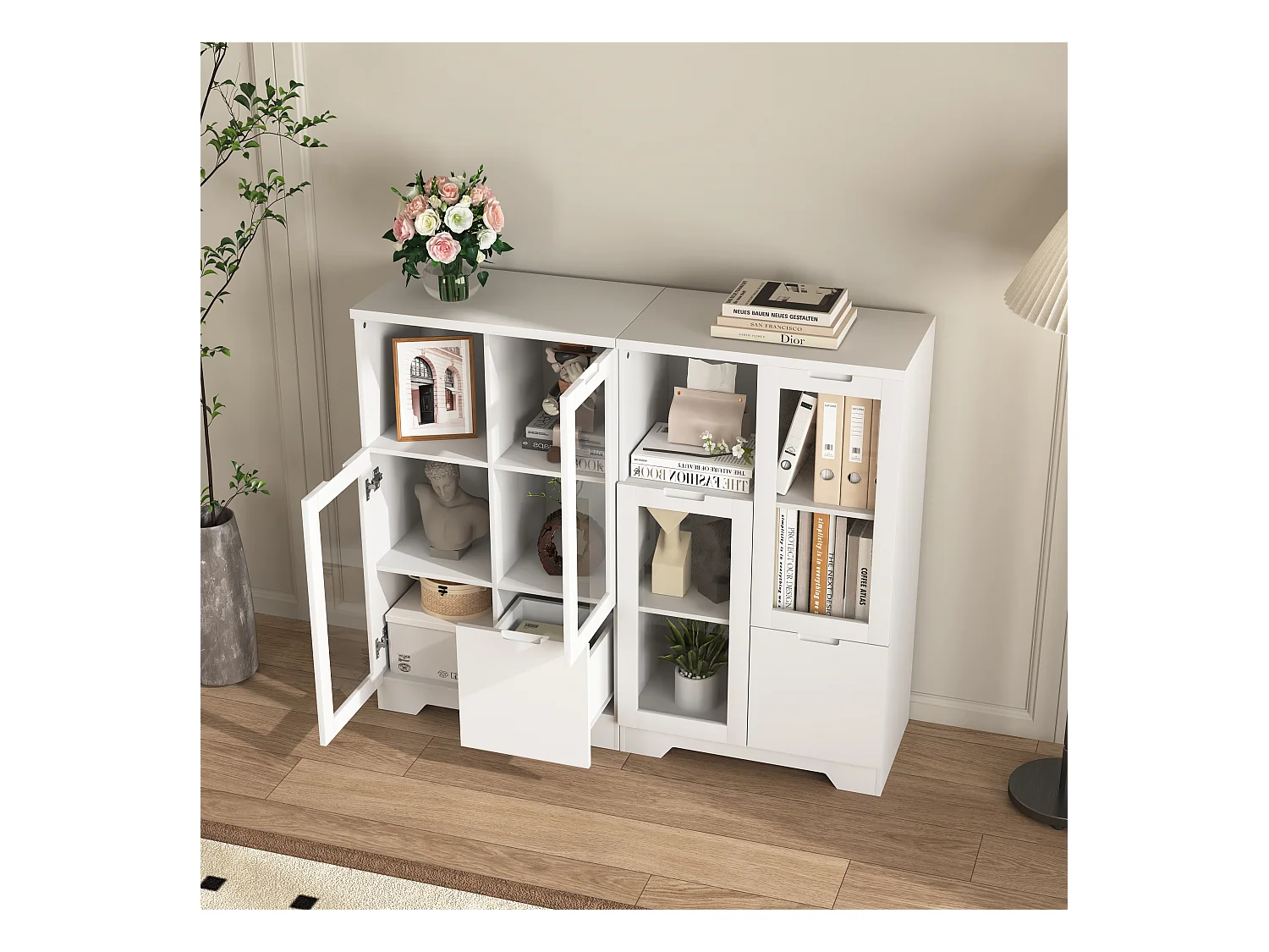 Aparador em MDF branco com portas de vidro e gaveta, arrumação multifuncional 90x40x120 cm