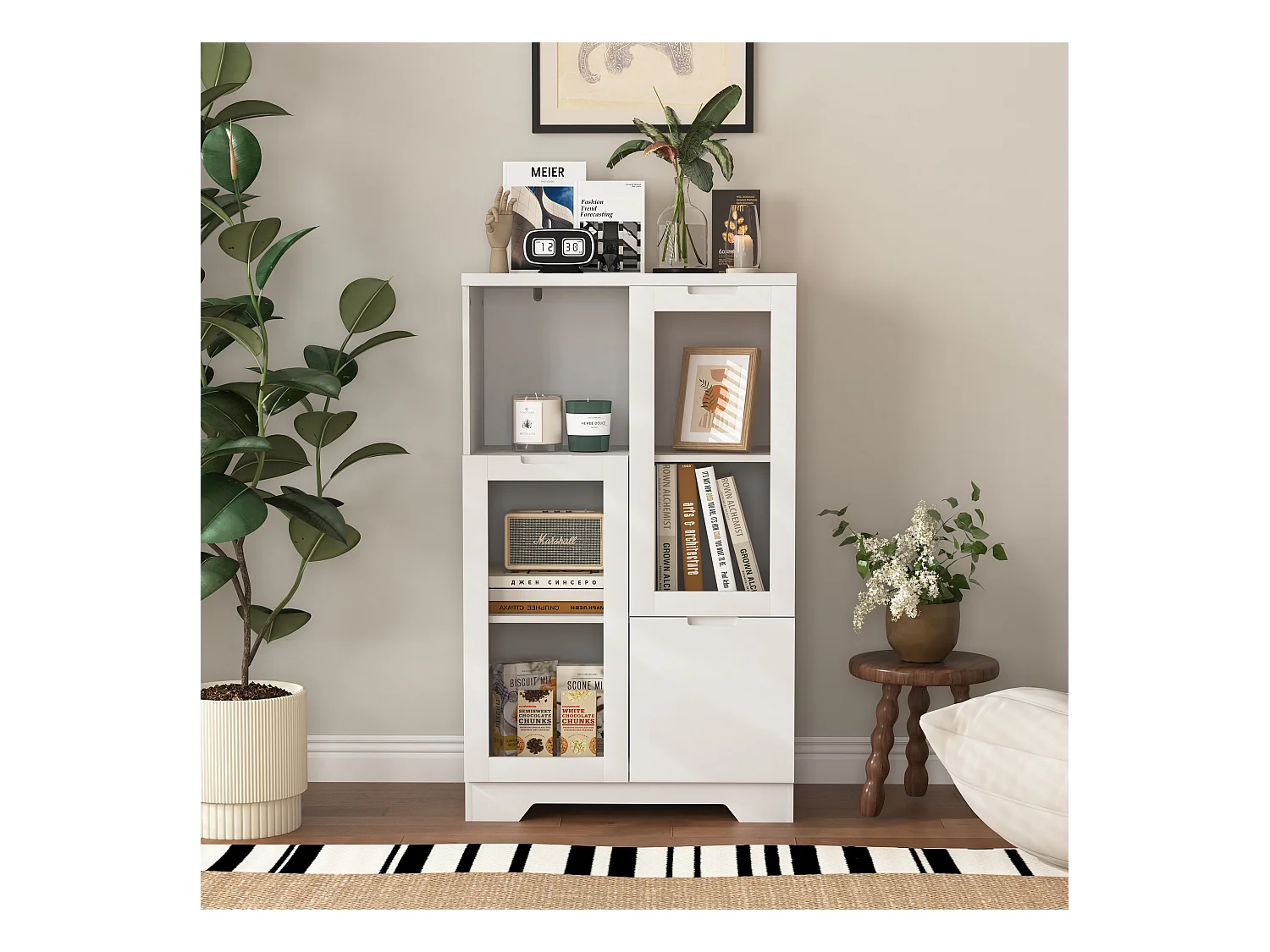 Aparador em MDF branco com portas de vidro e gaveta, arrumação multifuncional 90x40x120 cm