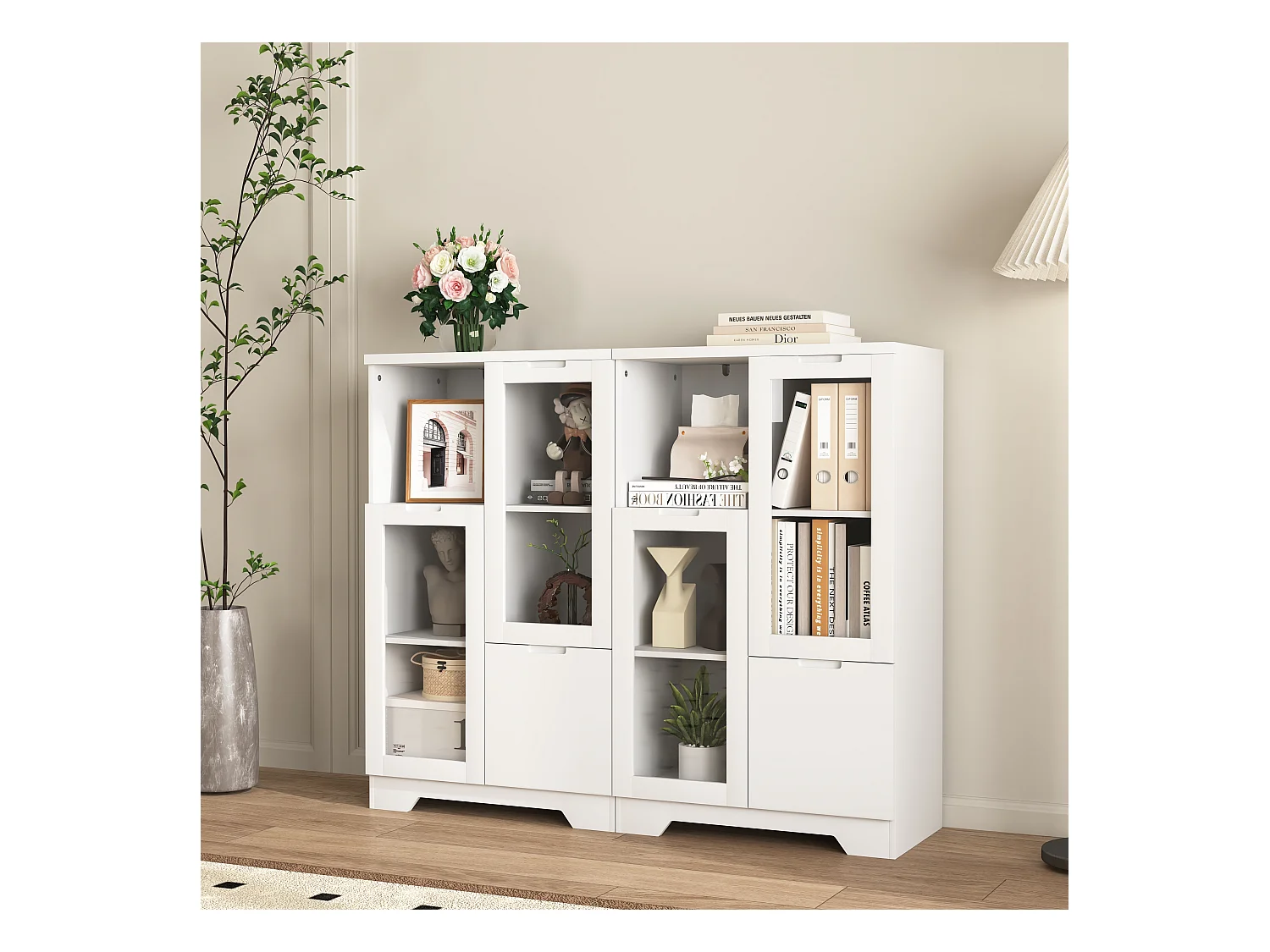 Aparador em MDF branco com portas de vidro e gaveta, arrumação multifuncional 90x40x120 cm