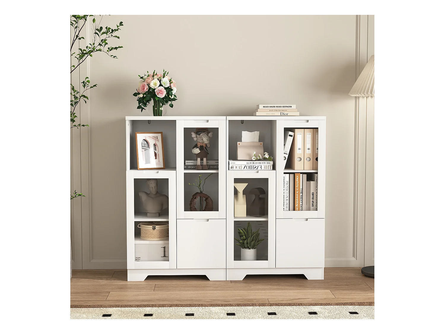 Aparador em MDF branco com portas de vidro e gaveta, arrumação multifuncional 90x40x120 cm