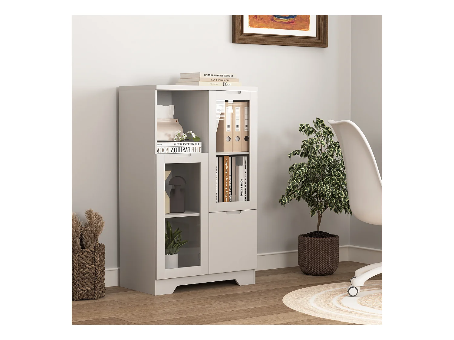 Aparador em MDF branco com portas de vidro e gaveta, arrumação multifuncional 90x40x120 cm