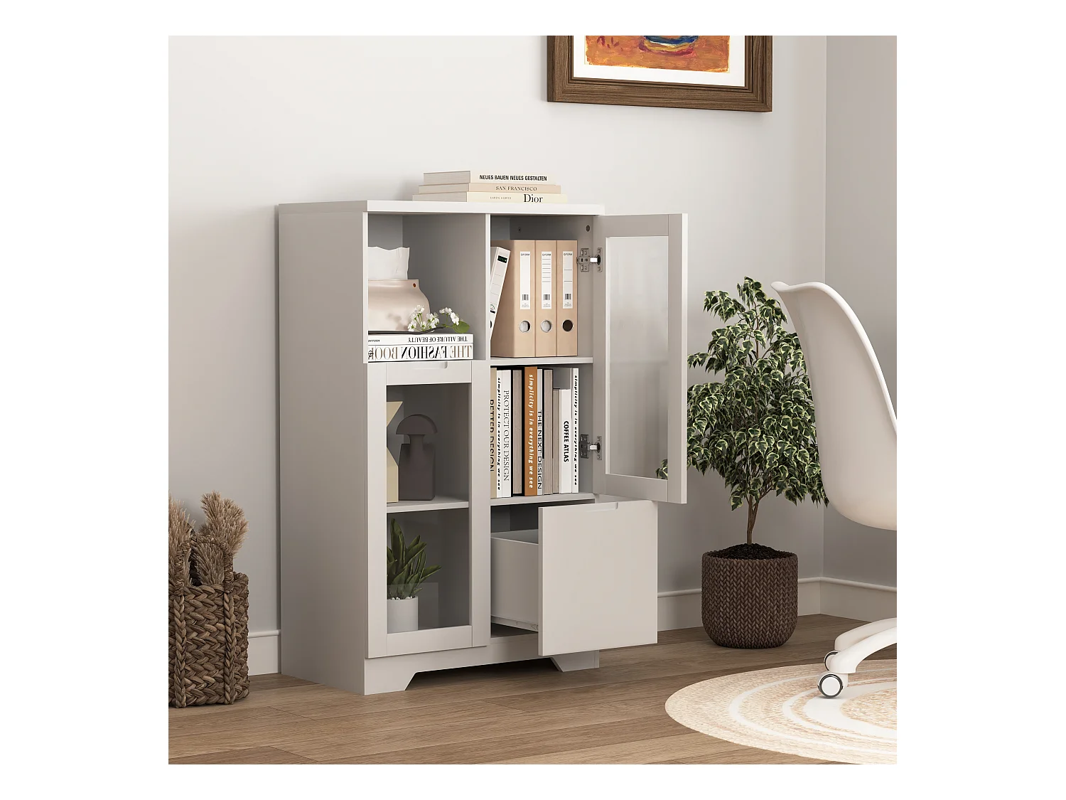 Aparador em MDF branco com portas de vidro e gaveta, arrumação multifuncional 90x40x120 cm