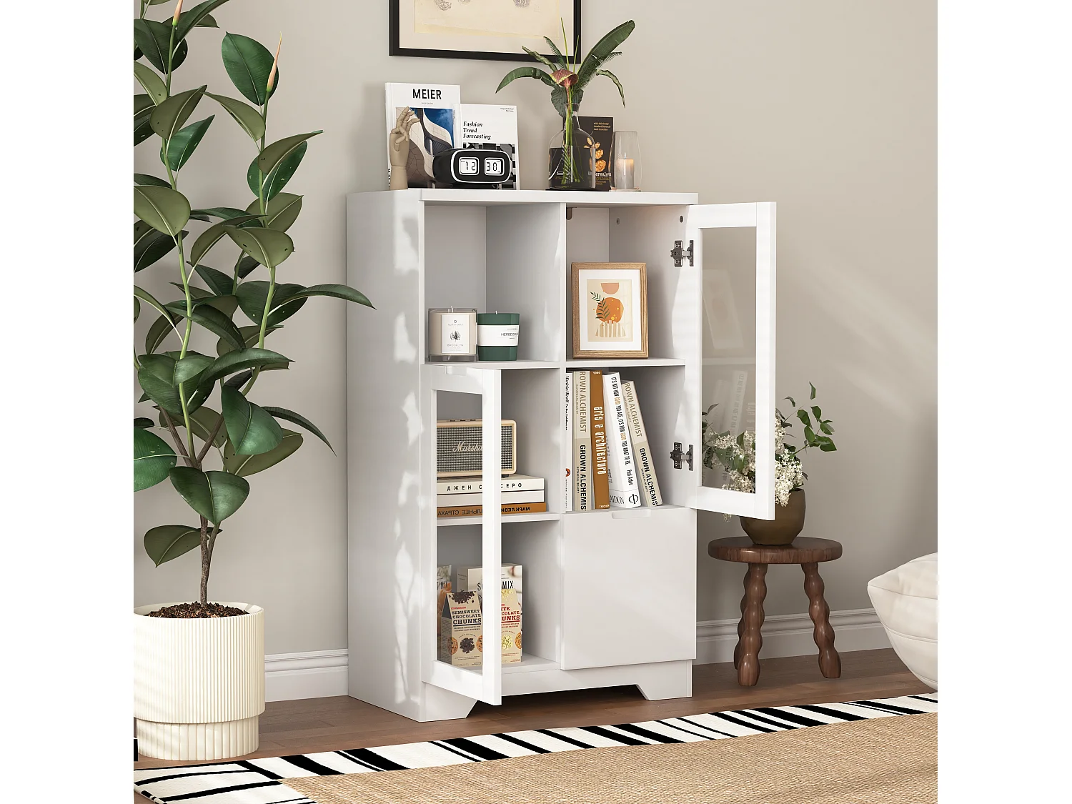 Aparador em MDF branco com portas de vidro e gaveta, arrumação multifuncional 90x40x120 cm