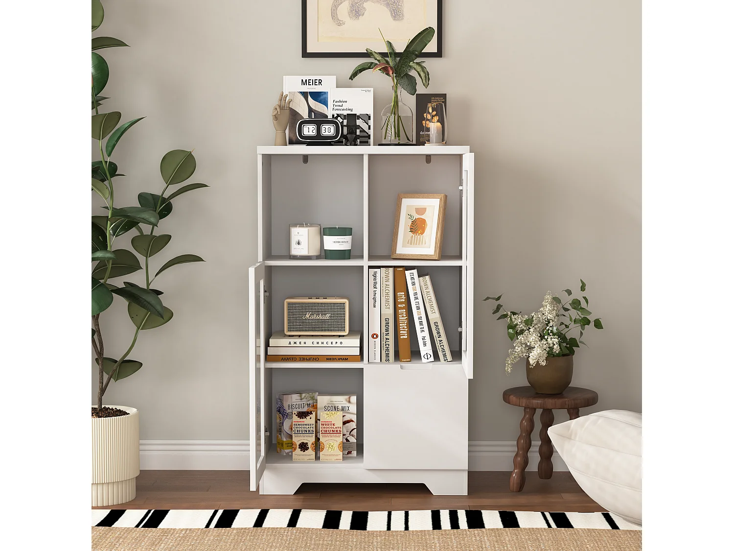 Aparador em MDF branco com portas de vidro e gaveta, arrumação multifuncional 90x40x120 cm