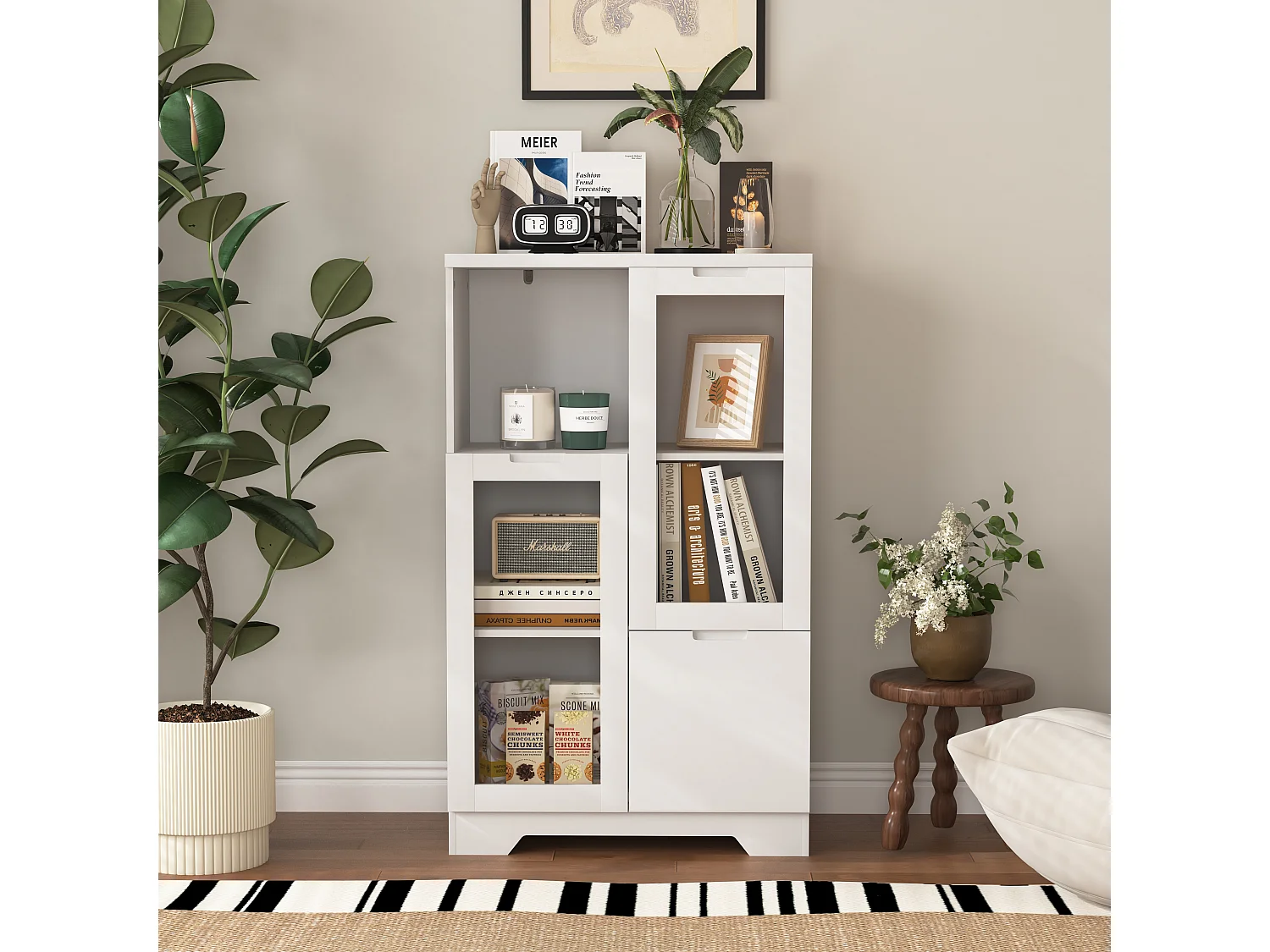 Aparador em MDF branco com portas de vidro e gaveta, arrumação multifuncional 90x40x120 cm