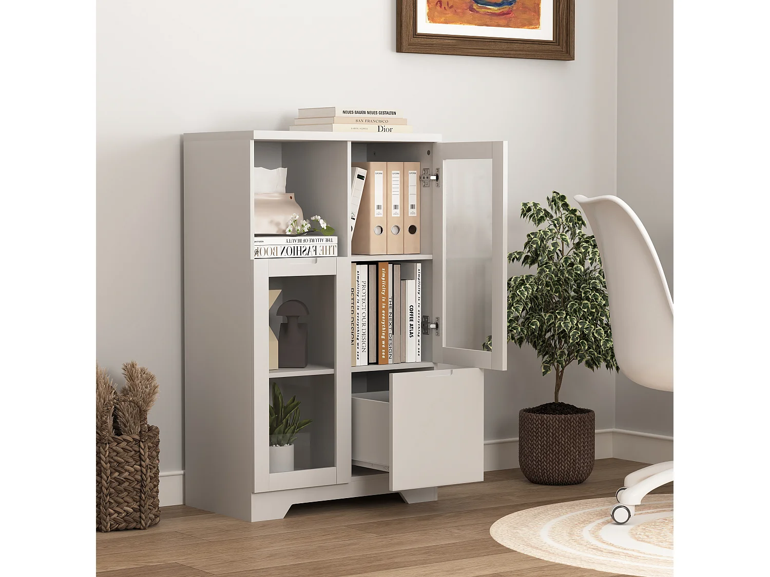 Aparador em MDF branco com portas de vidro e gaveta, arrumação multifuncional 90x40x120 cm