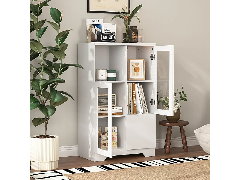 Aparador de MDF blanco con puertas de cristal y cajón, almacenaje multifuncional 90x40x120 cm