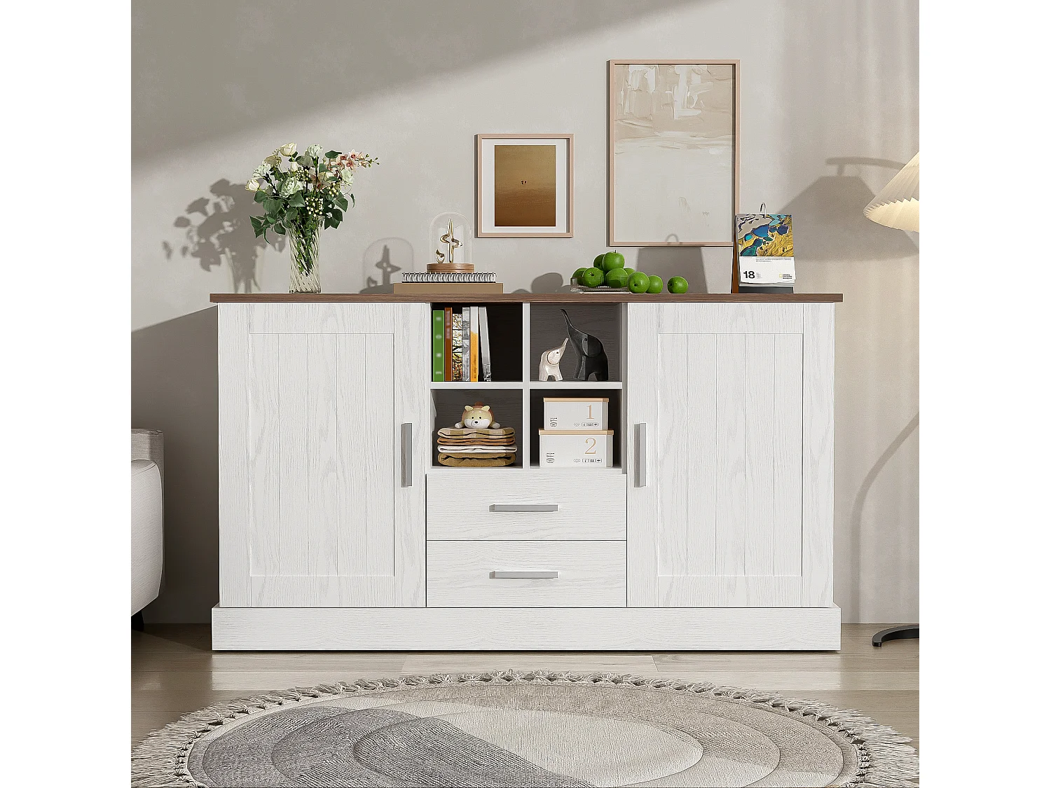 Aparador moderno de madeira branca e marrom 140 cm com 2 portas, 2 gavetas e nichos de armazenamento