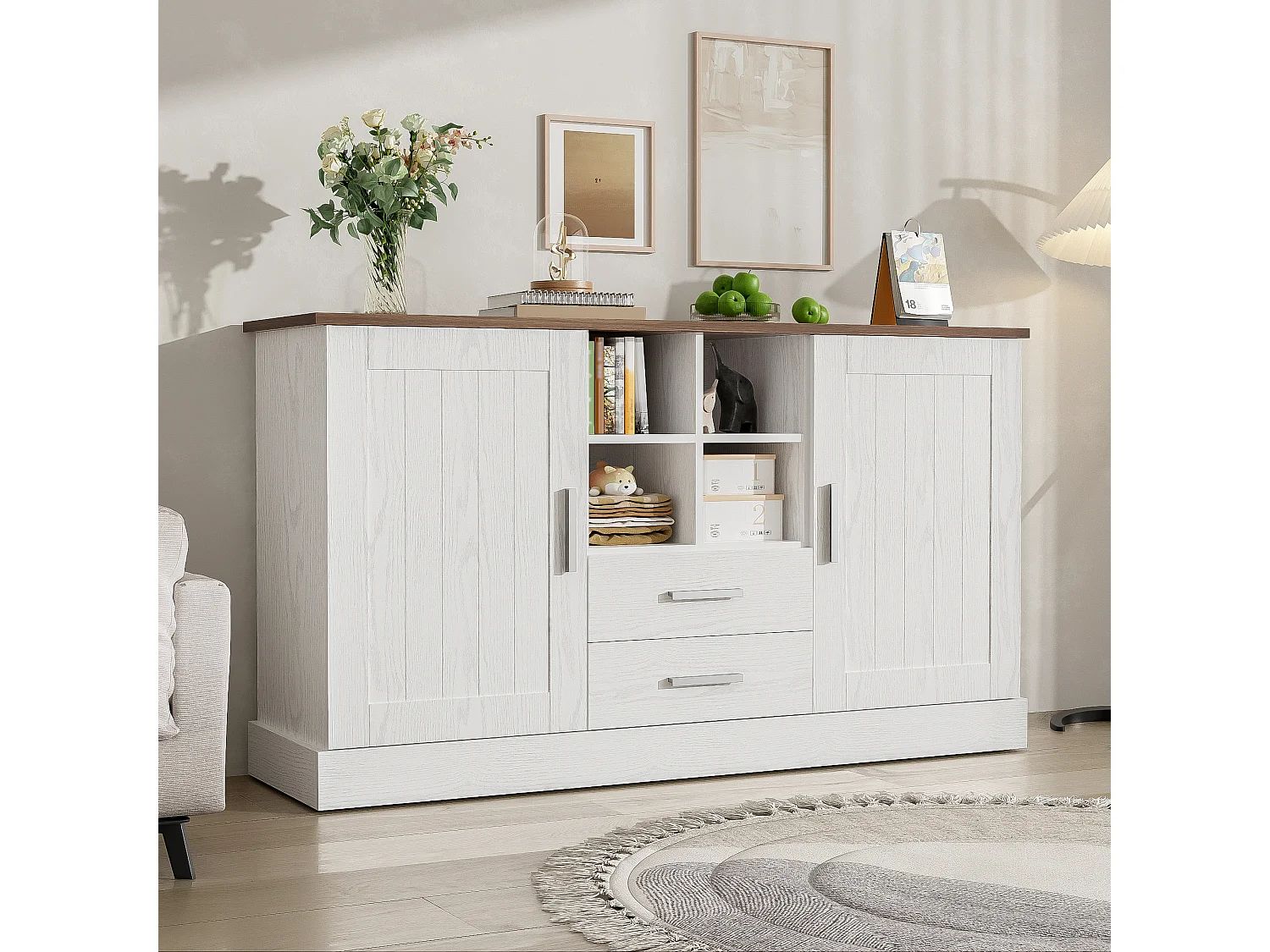 Aparador moderno de madeira branca e marrom 140 cm com 2 portas, 2 gavetas e nichos de armazenamento