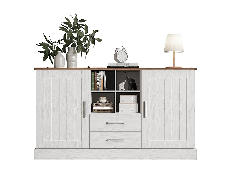 Aparador moderno de madeira branca e marrom 140 cm com 2 portas, 2 gavetas e nichos de armazenamento