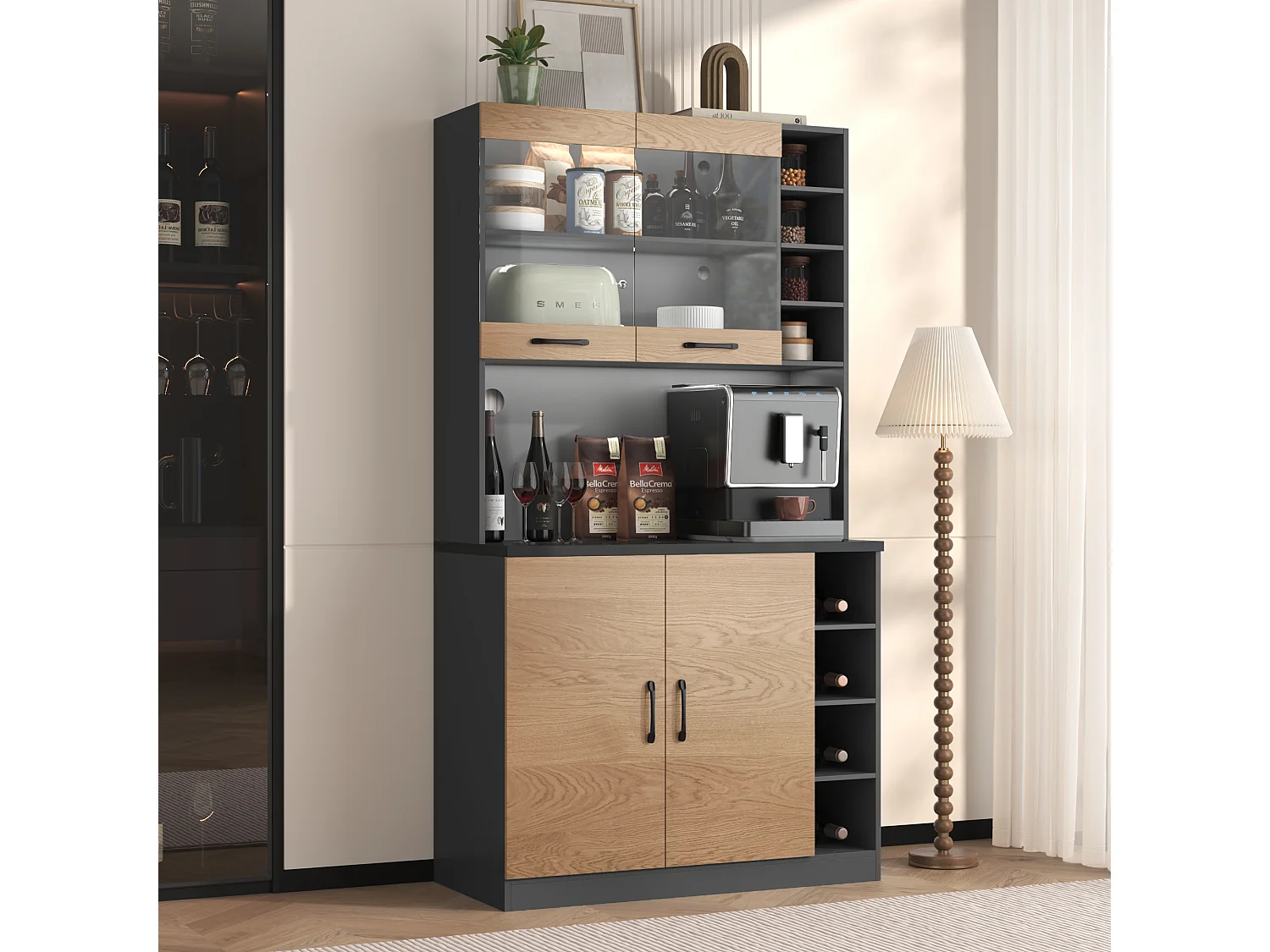 Aparador de cozinha 100x47x187cm MDF LED micro-ondas móvel moderno cinza