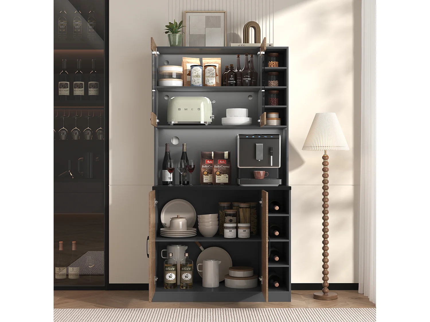 Aparador de cozinha 100x47x187cm MDF LED micro-ondas móvel moderno cinza