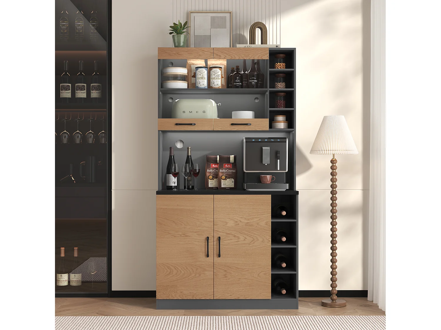 Aparador de cozinha 100x47x187cm MDF LED micro-ondas móvel moderno cinza