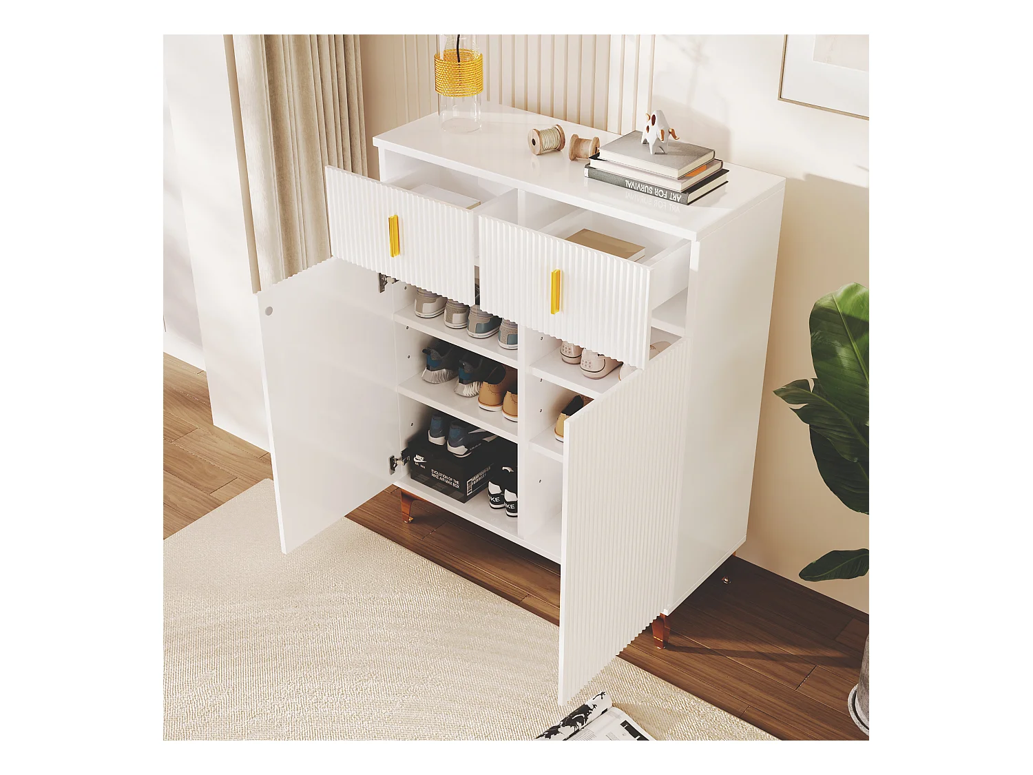 Aparador de madera blanca con 2 puertas y 2 cajones para almacenaje en dormitorio, salón moderno, 83 x 101 x 35 cm