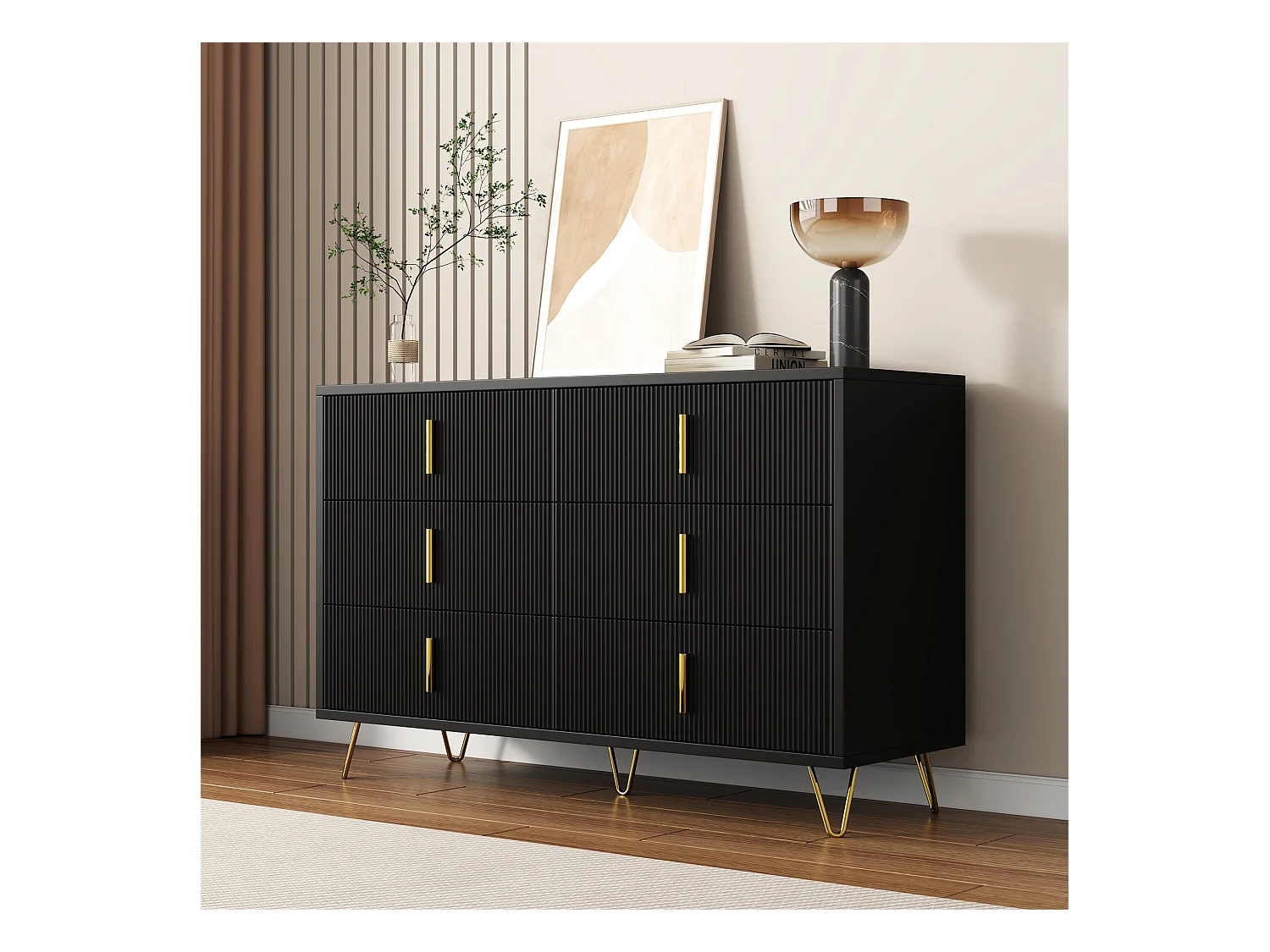Aparador moderno com painel de madeira, armazenamento, 6 gavetas, sala de estar, quarto, preto ou dourado, 120x77x40 cm