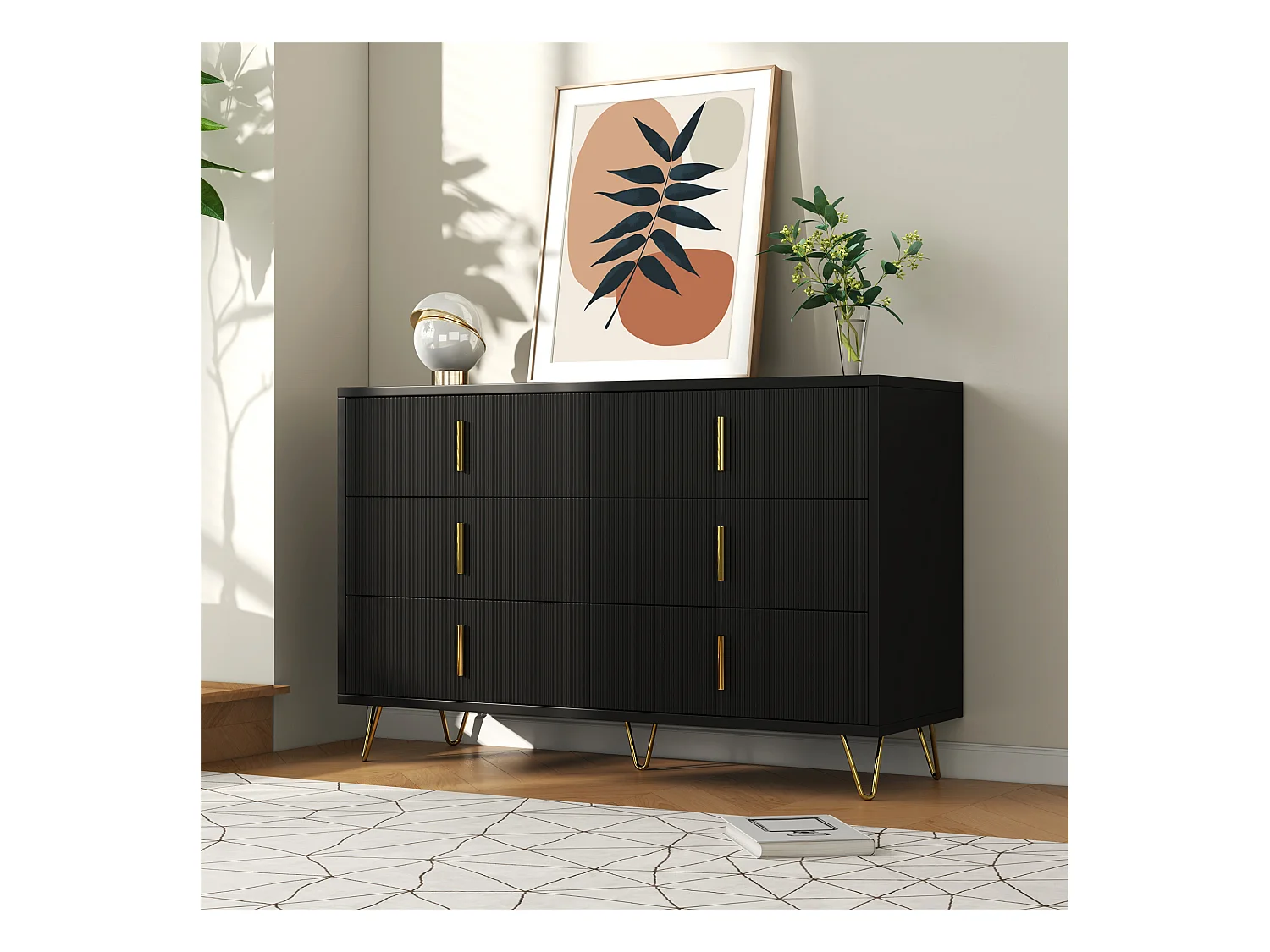 Aparador moderno com painel de madeira, armazenamento, 6 gavetas, sala de estar, quarto, preto ou dourado, 120x77x40 cm