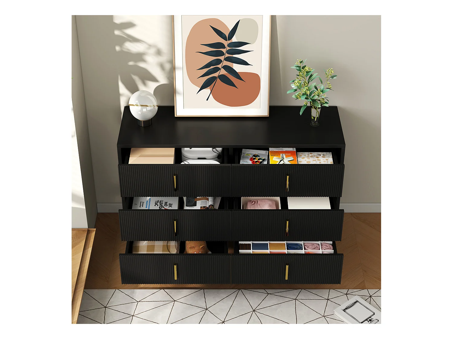 Aparador moderno com painel de madeira, armazenamento, 6 gavetas, sala de estar, quarto, preto ou dourado, 120x77x40 cm