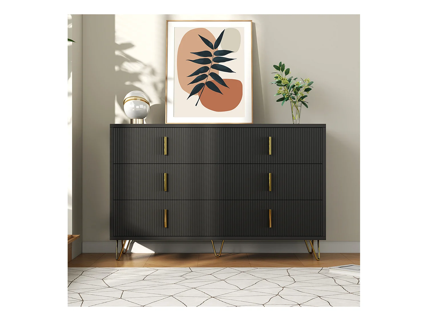 Aparador moderno com painel de madeira, armazenamento, 6 gavetas, sala de estar, quarto, preto ou dourado, 120x77x40 cm