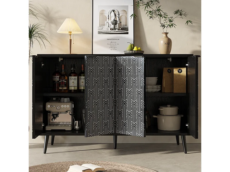 Aparador de MDF 120x35x78cm Sala de Estar Sala de Jantar com Armazenamento Padrão Chevron Preto Anti-Inclinação
