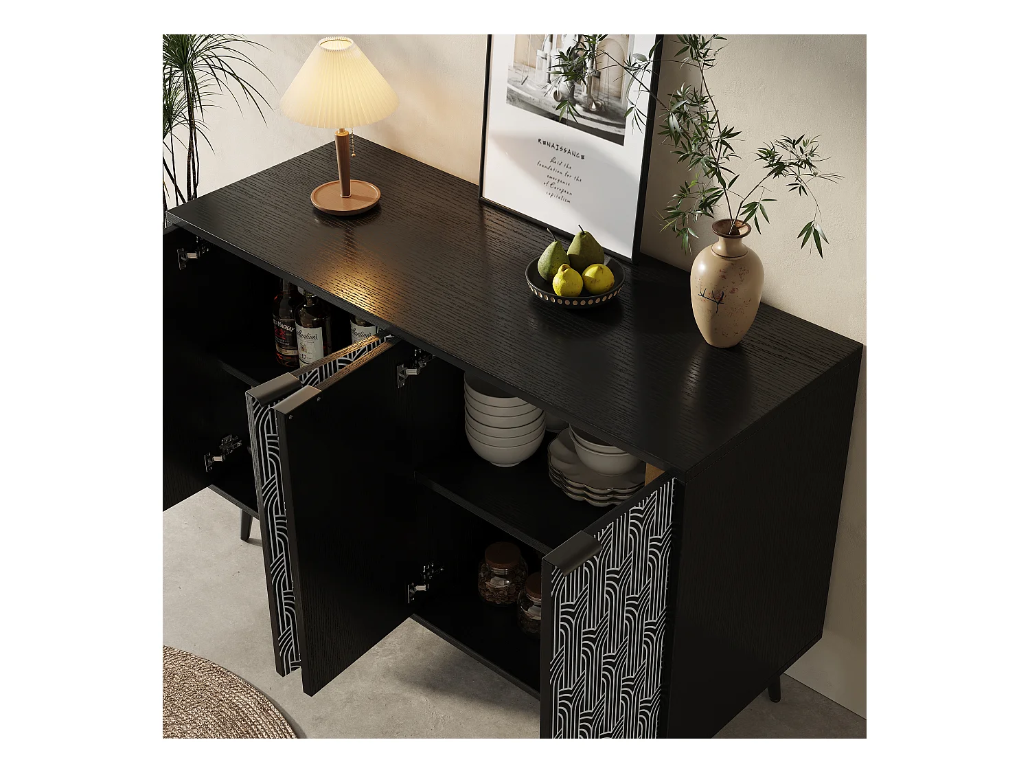 Aparador de MDF 120x35x78cm Sala de Estar Sala de Jantar com Armazenamento Padrão Chevron Preto Anti-Inclinação