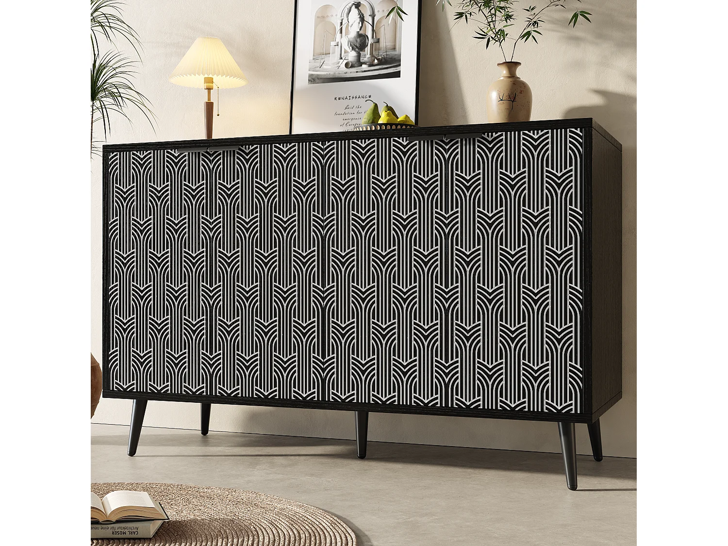 Aparador de MDF 120x35x78cm Sala de Estar Sala de Jantar com Armazenamento Padrão Chevron Preto Anti-Inclinação