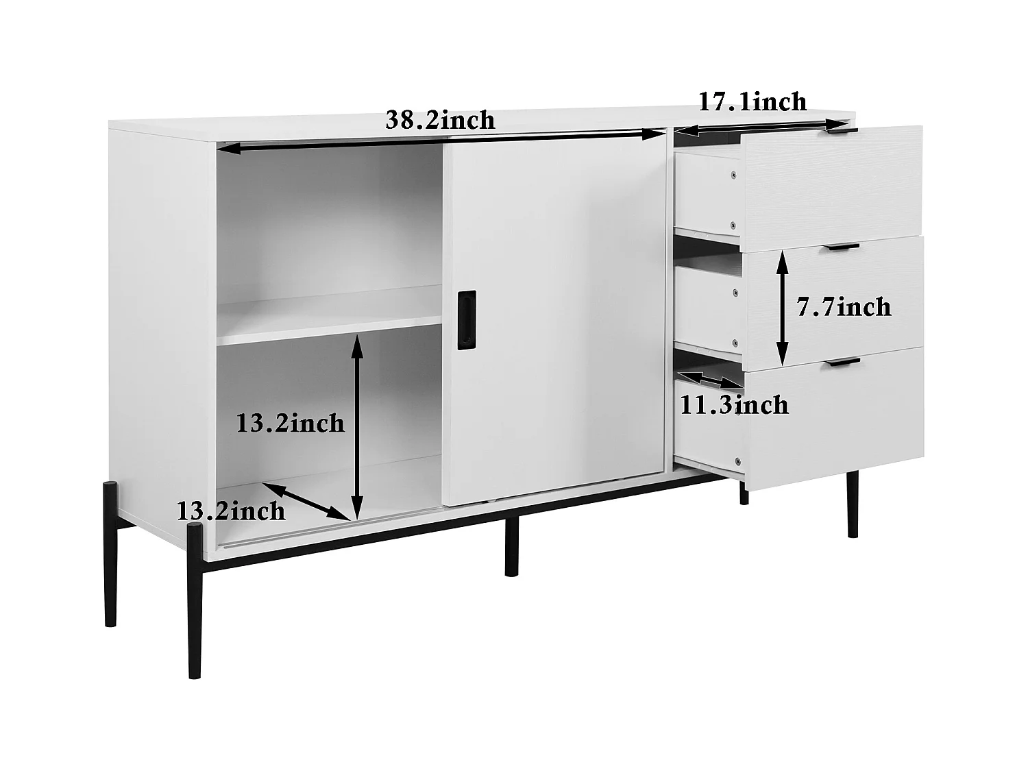 Aparador moderno de madera blanca con puertas de cristal estriado y 3 cajones para salón y entrada.