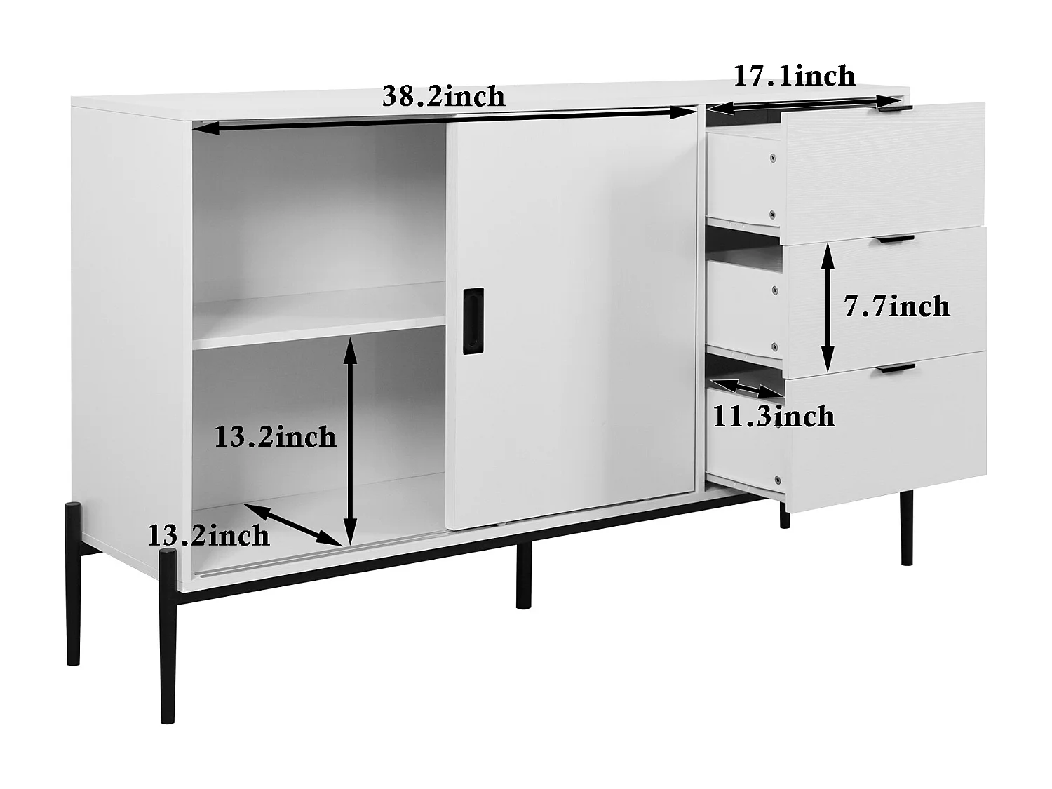 Aparador moderno de madera blanca con puertas de cristal estriado y 3 cajones para salón y entrada.