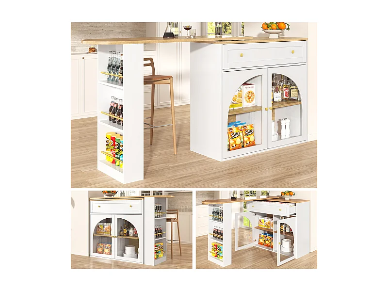 Mesa de bar extensível MDF 138-204 cm giratória 360° com armazenamento vidro branco cozinha sala de estar