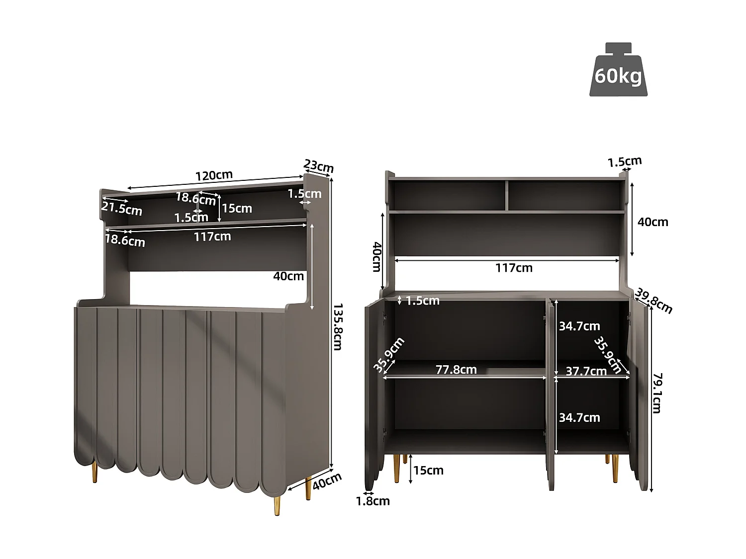 Buffet MDF 120x40x151cm grigio con ripiani aperti e piedi dorati per cucina e sala da pranzo