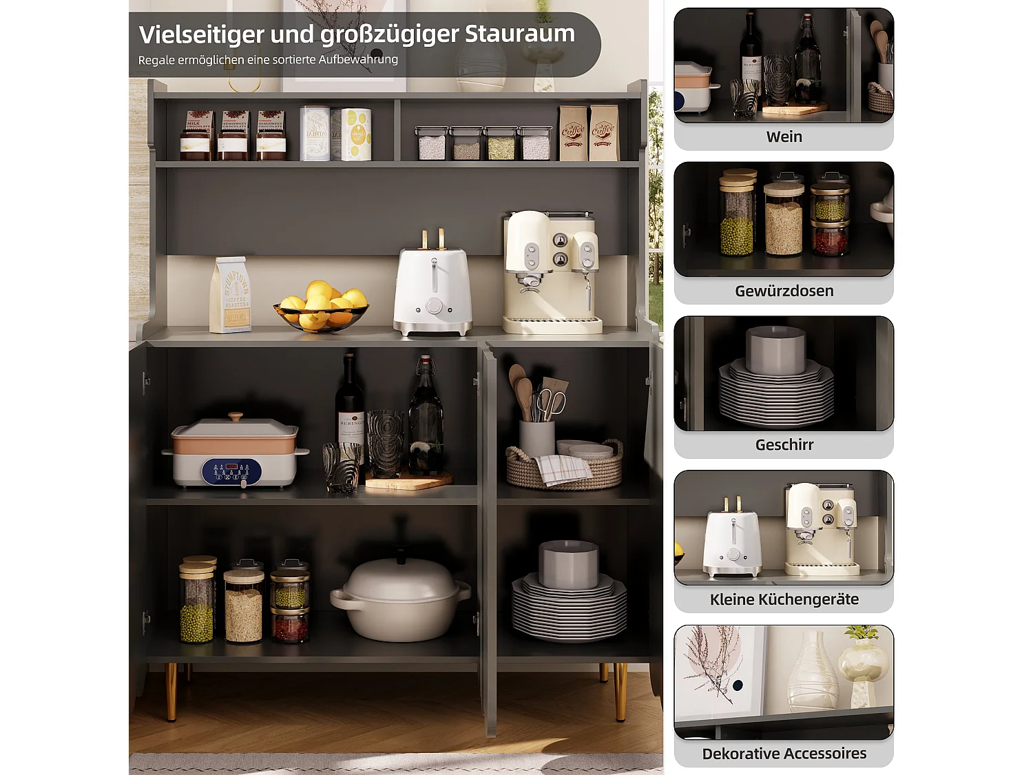 Buffet MDF 120x40x151cm grigio con ripiani aperti e piedi dorati per cucina e sala da pranzo