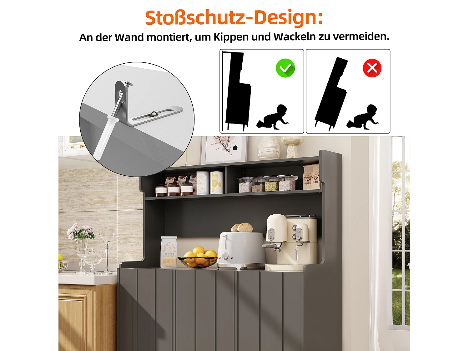 Buffet MDF 120x40x151cm grigio con ripiani aperti e piedi dorati per cucina e sala da pranzo