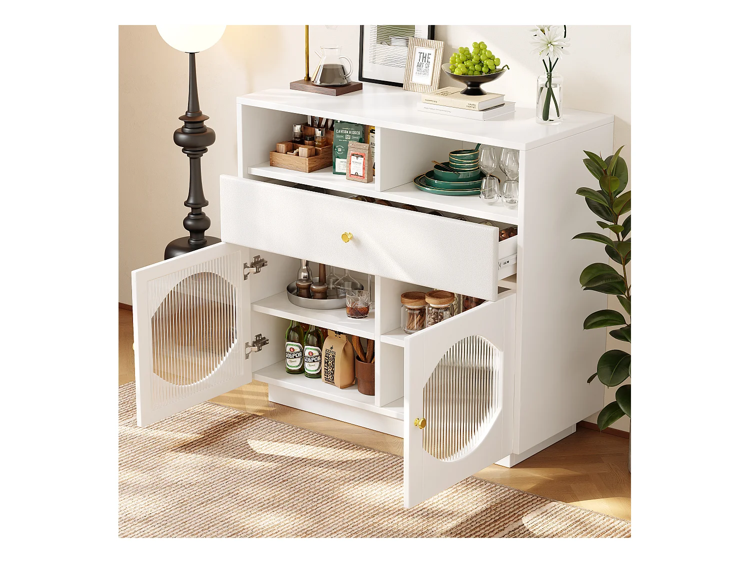 Aparador de MDF blanco 100x40x90,5cm con puertas de cristal y cajón de PU para cocina y comedor