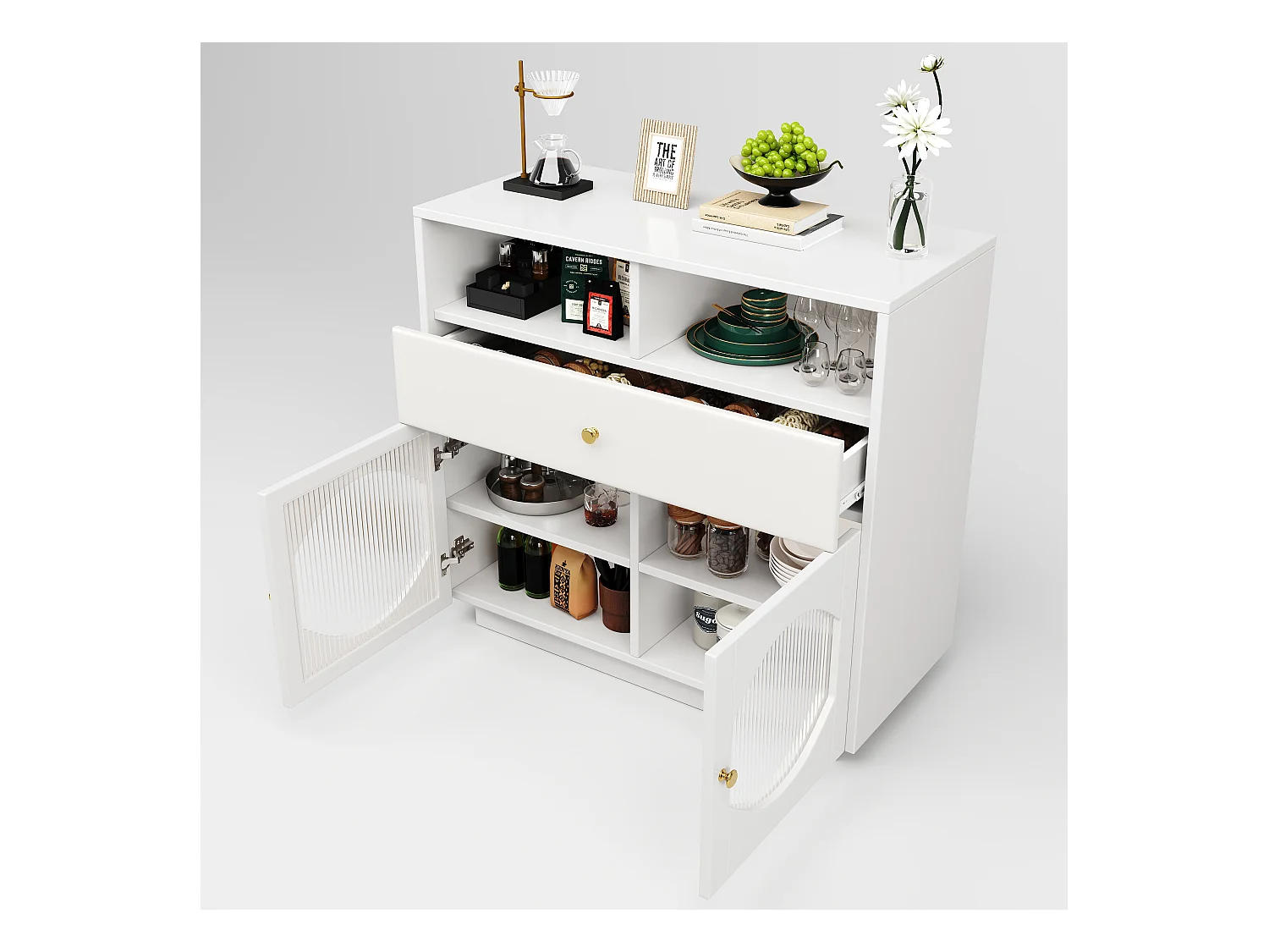 Aparador de MDF blanco 100x40x90,5cm con puertas de cristal y cajón de PU para cocina y comedor