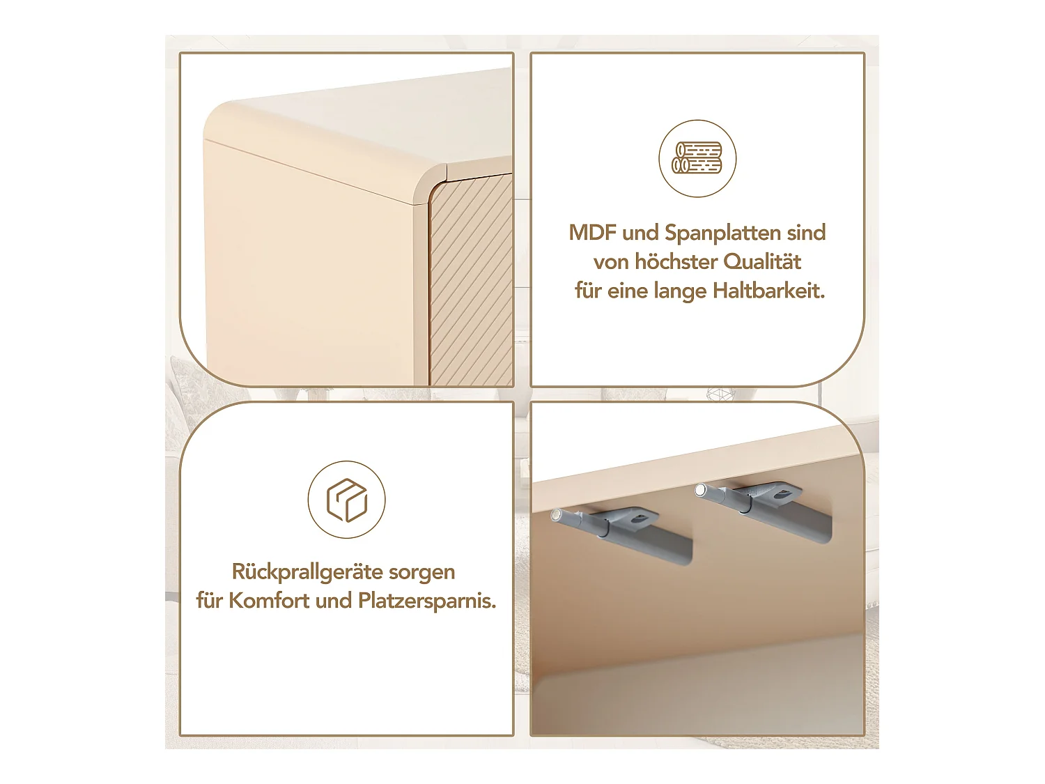 Aparador minimalista de MDF com 4 portas e armários para sala e entrada na cor damasco