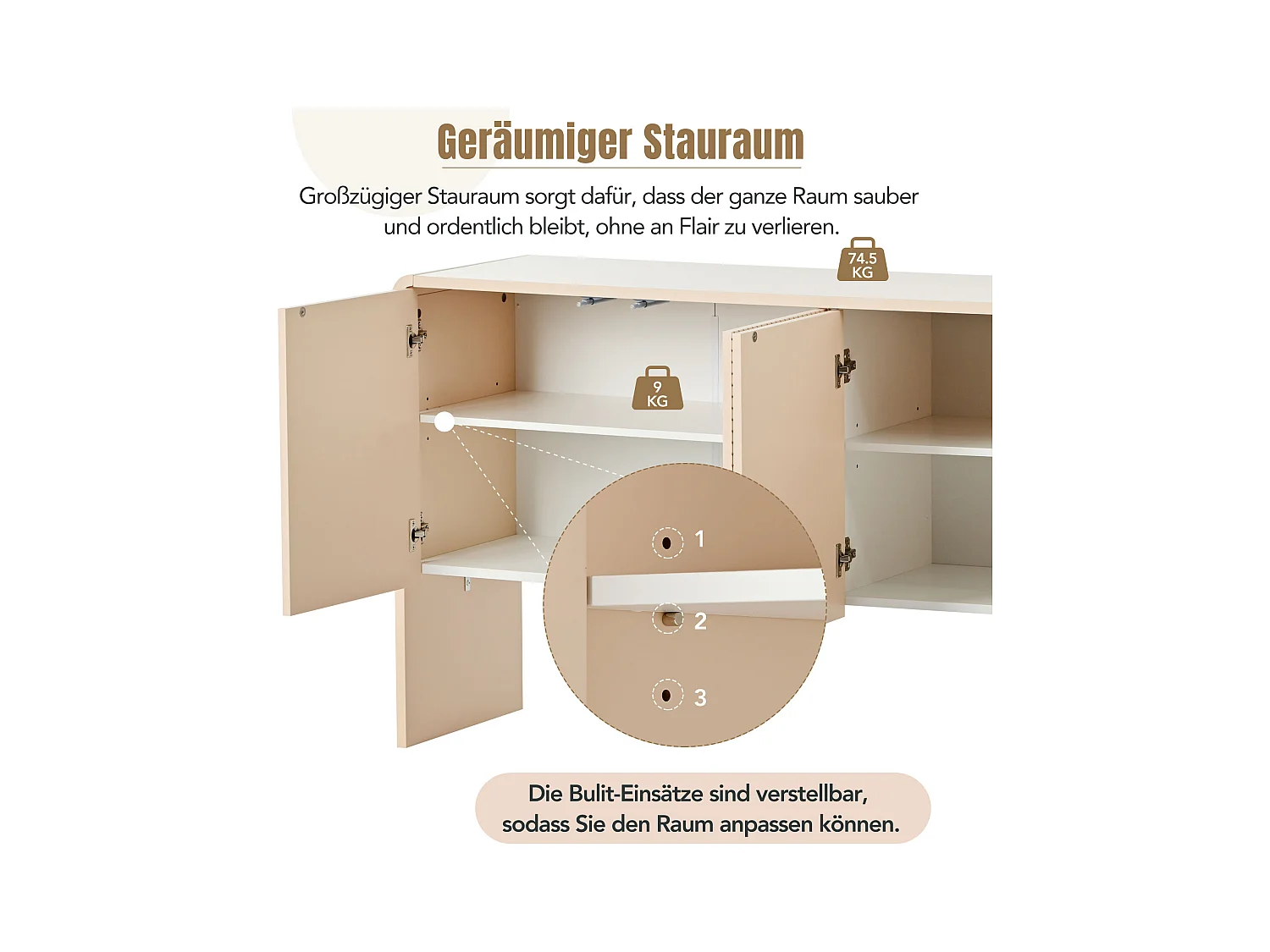 Aparador minimalista de MDF com 4 portas e armários para sala e entrada na cor damasco