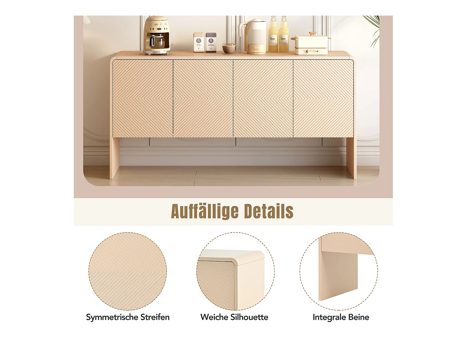 Aparador minimalista de MDF com 4 portas e armários para sala e entrada na cor damasco