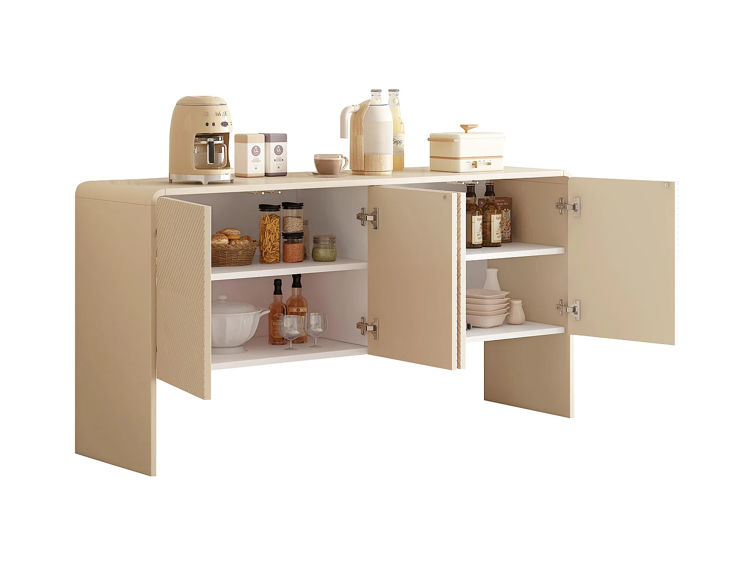 Aparador minimalista de MDF com 4 portas e armários para sala e entrada na cor damasco