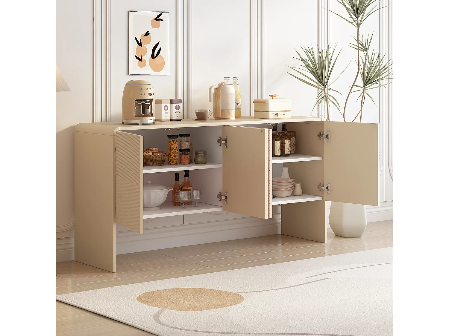 Aparador minimalista de MDF com 4 portas e armários para sala e entrada na cor damasco