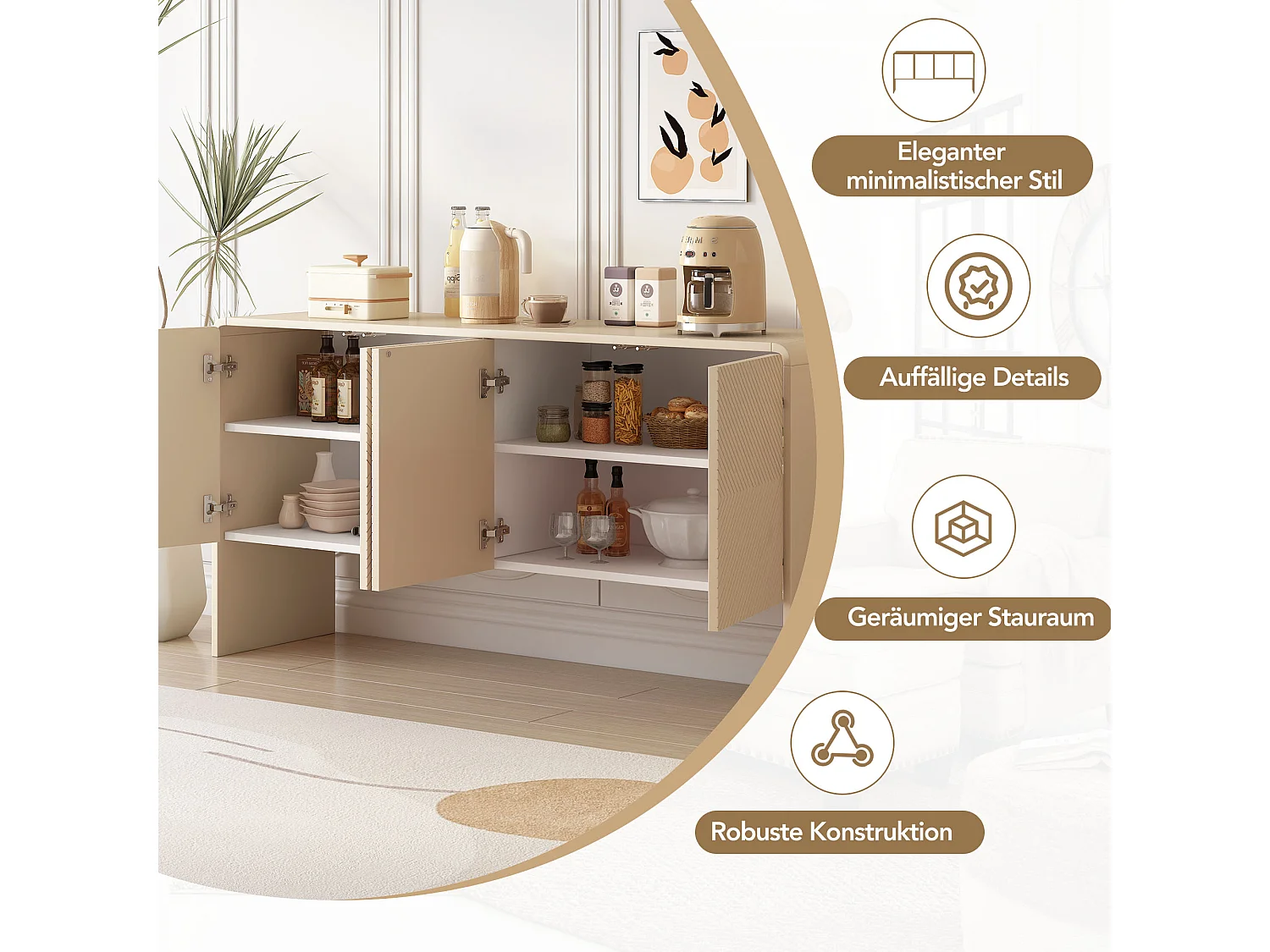 Aparador minimalista de MDF com 4 portas e armários para sala e entrada na cor damasco