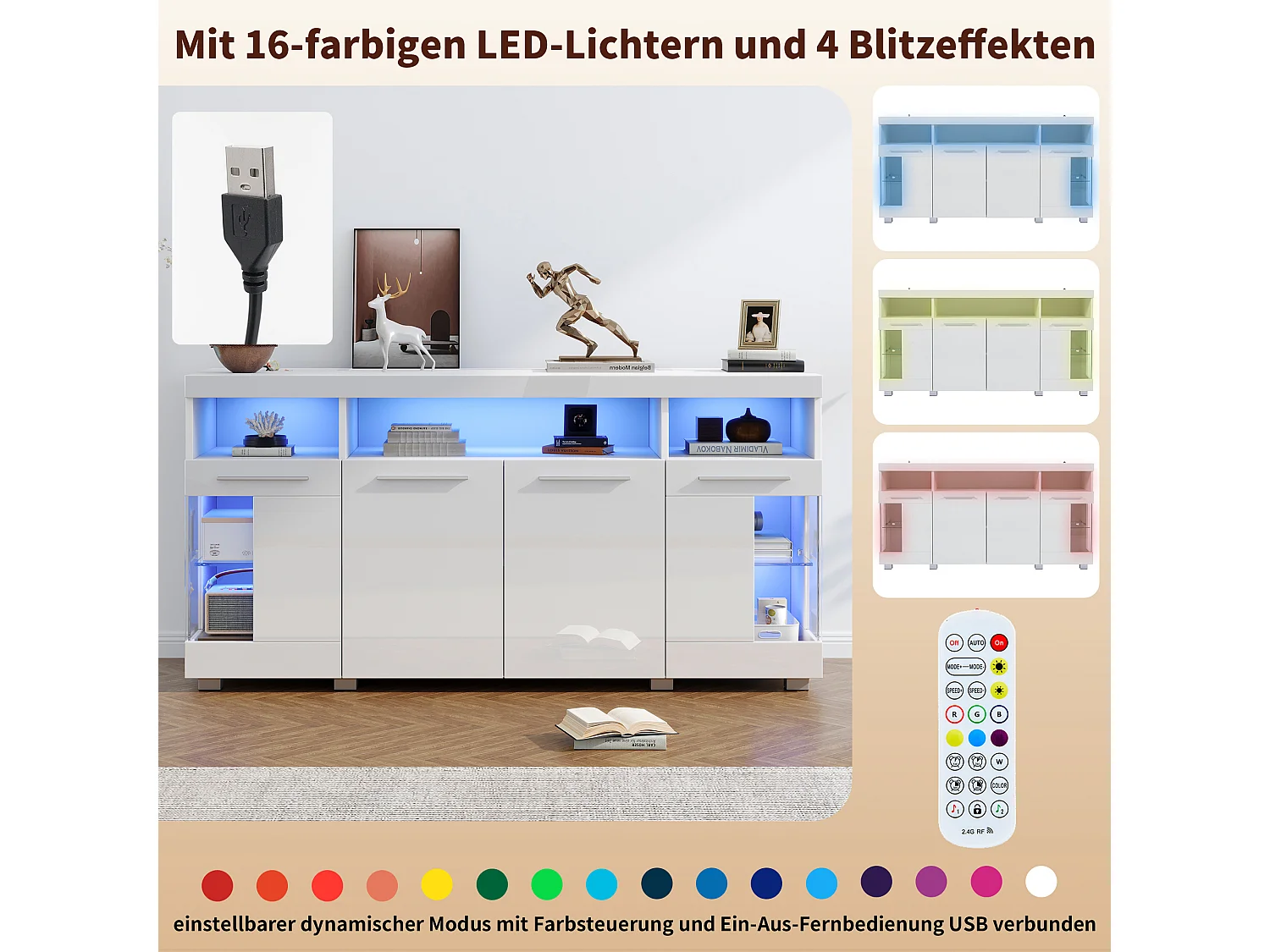 Aparador LED blanco alto brillo MDF 3 cajones almacenaje salón 140x40x70cm