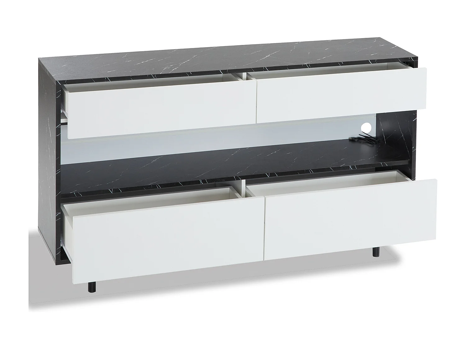 Aparador 150cm MDF mármore LED 4 gavetas prateleiras de metal cozinha sala preto