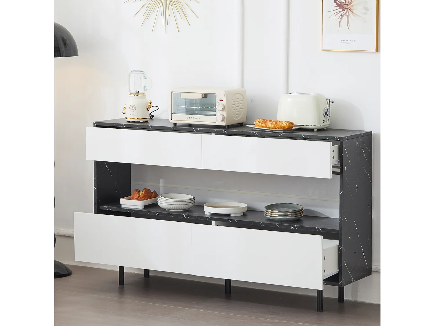 Aparador 150cm MDF mármore LED 4 gavetas prateleiras de metal cozinha sala preto