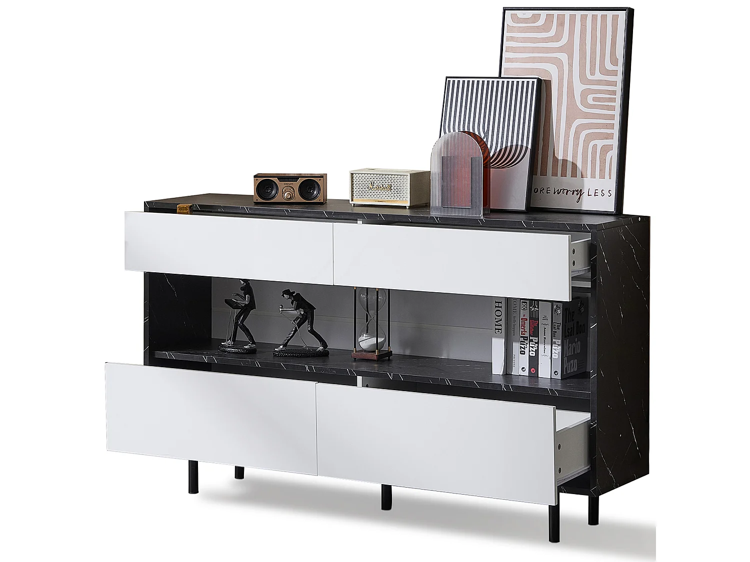 Aparador 150cm MDF mármore LED 4 gavetas prateleiras de metal cozinha sala preto