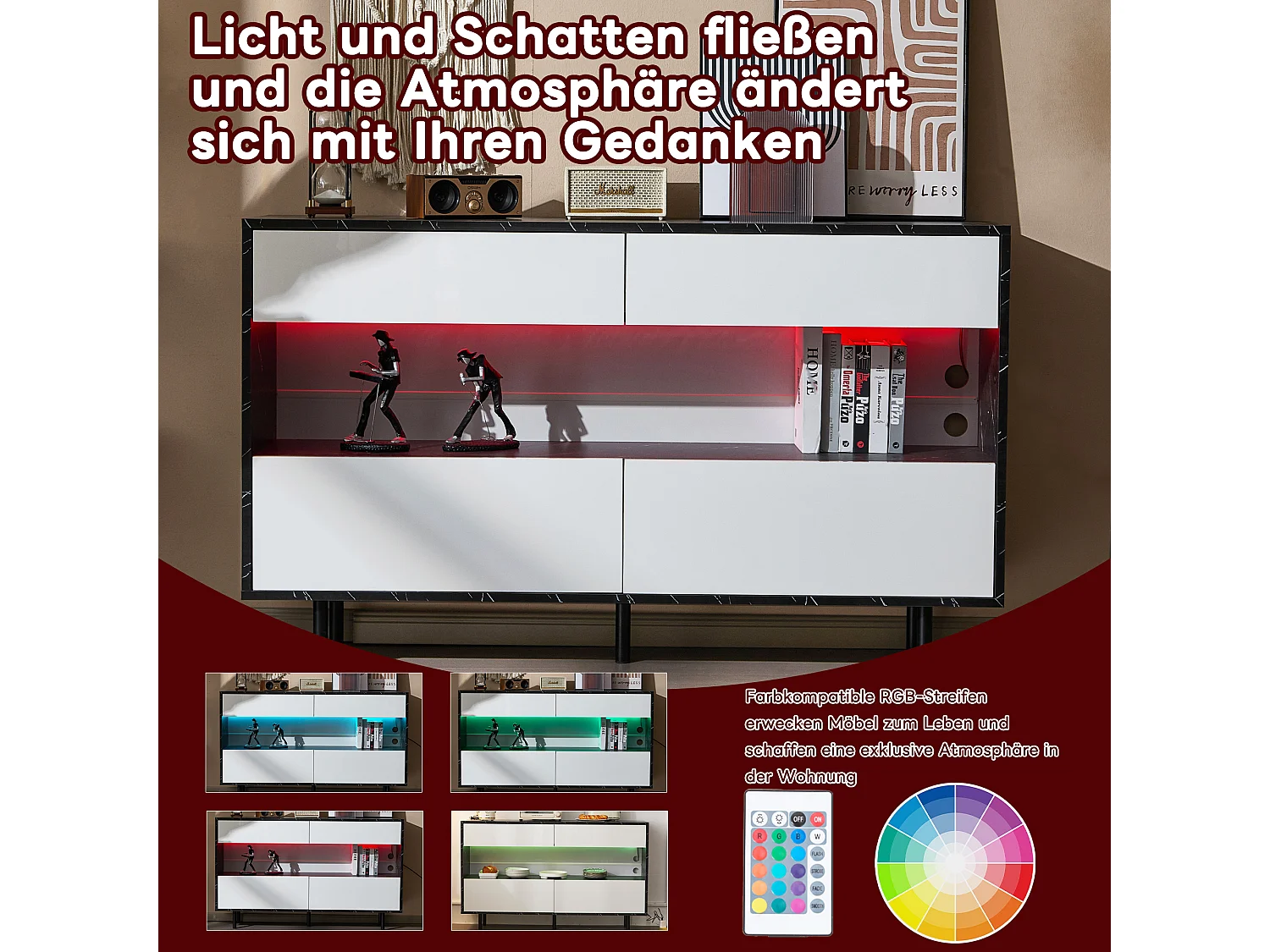 Aparador 150cm MDF mármore LED 4 gavetas prateleiras de metal cozinha sala preto