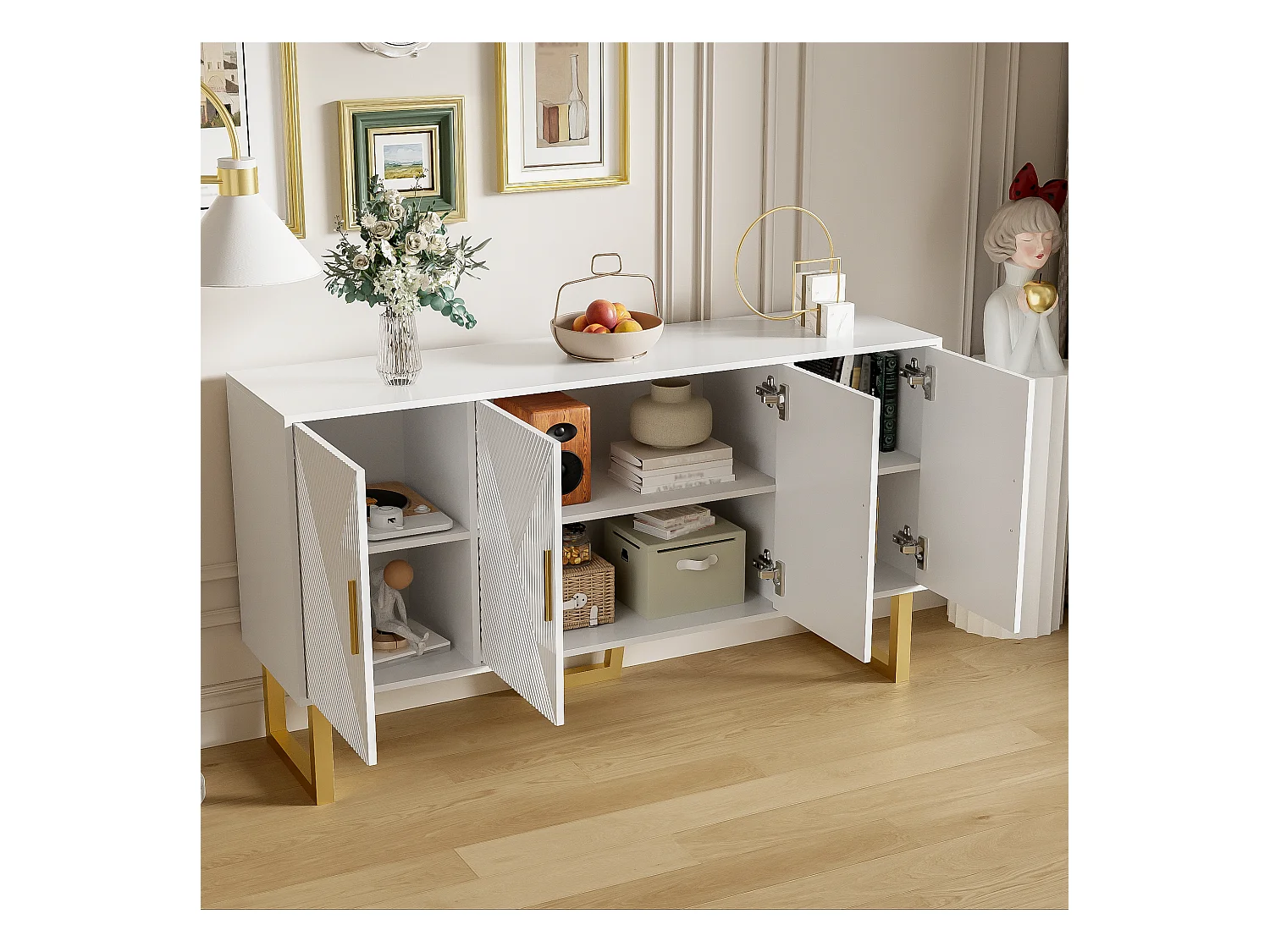 Aparador moderno branco 150 cm MDF 4 portas sala de estar luxo quarto com prateleiras ajustáveis