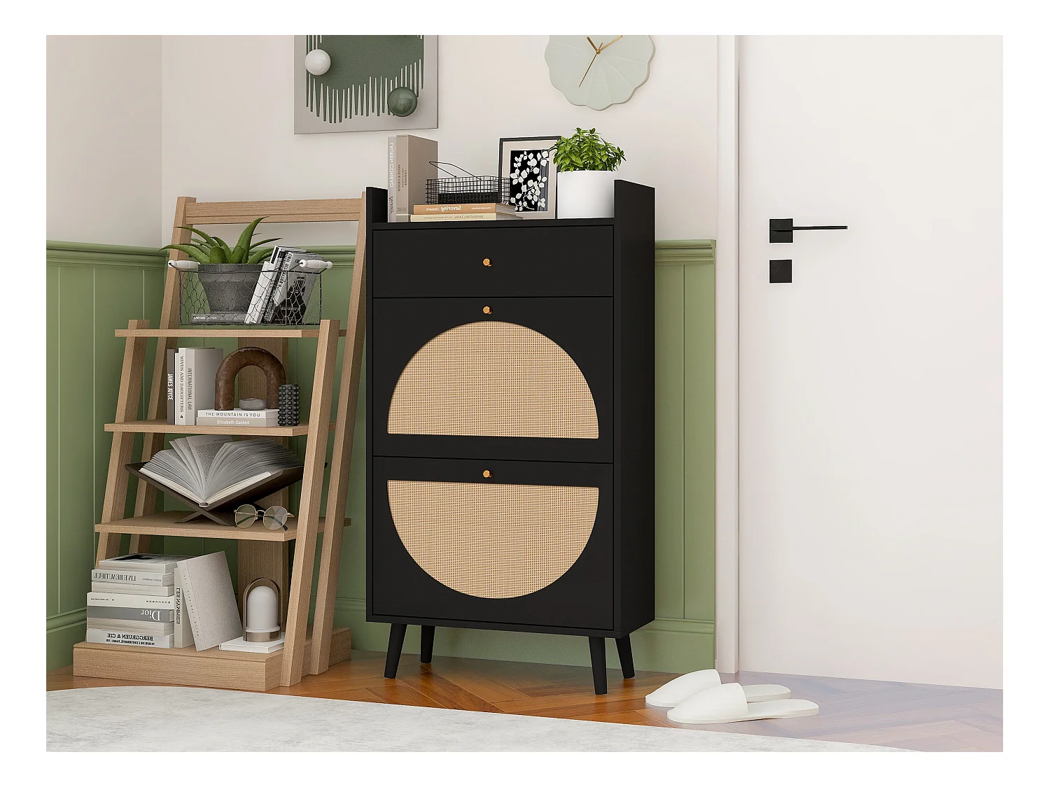 Sapateira 2 portas 1 gaveta entrada de armazenamento em rattan sintético preto 60 cm