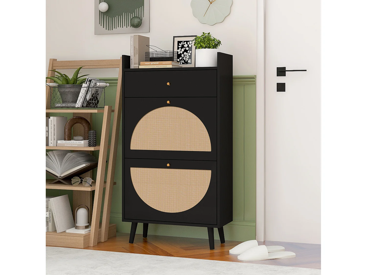 Mobile da pavimento 2 porte 1 tiroir rotin synthétique rangement entrée noir 60 cm