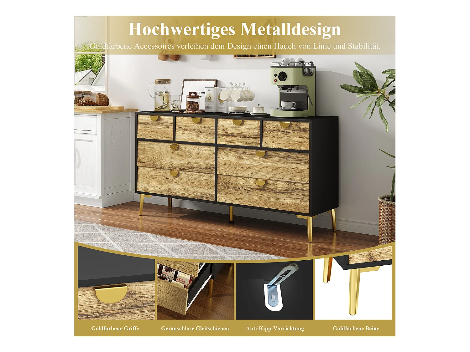 Aparador 150cm MDF 8 gavetas metal preto madeira sala estar sala jantar moderno