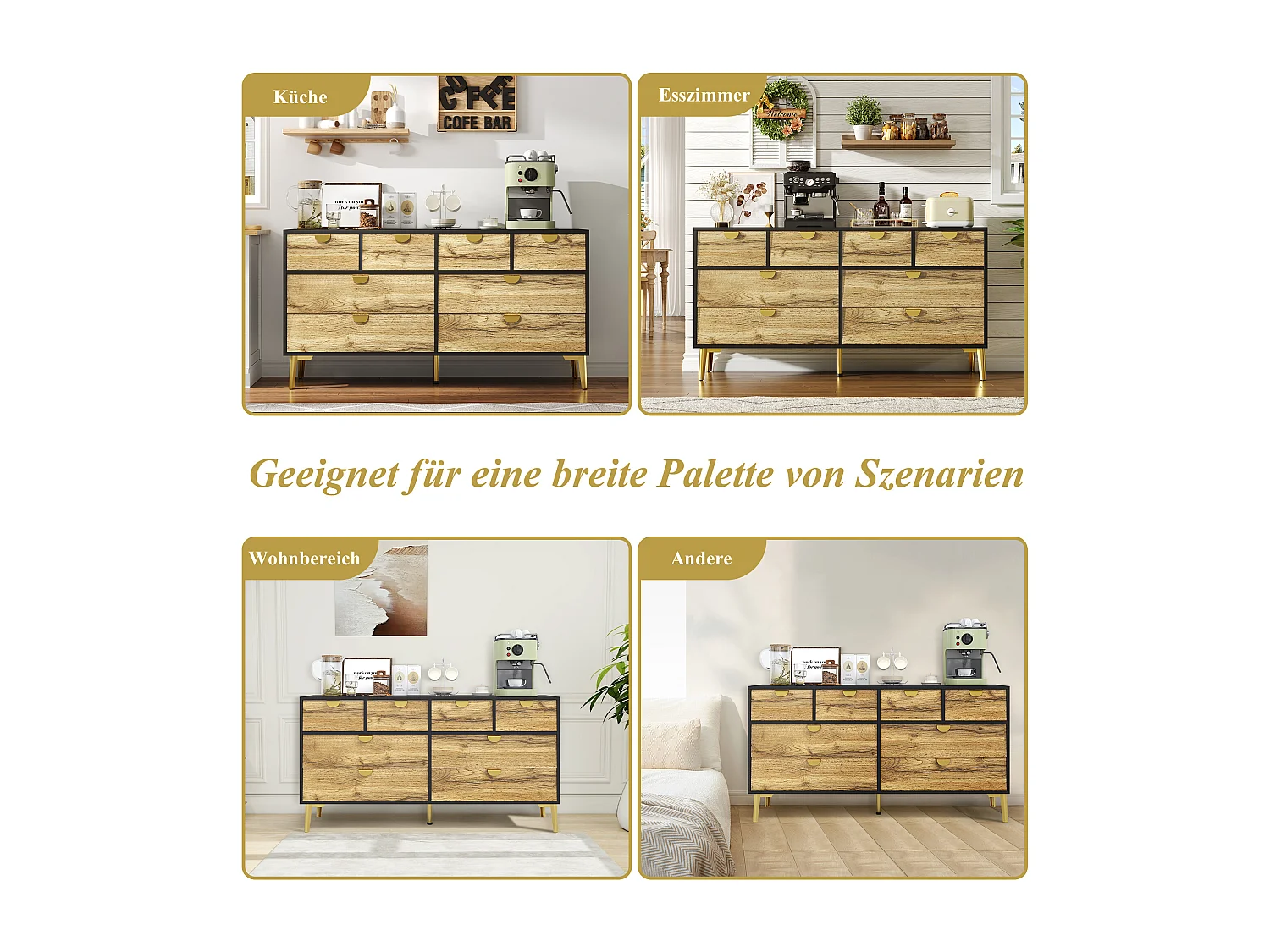 Aparador 150cm MDF 8 gavetas metal preto madeira sala estar sala jantar moderno