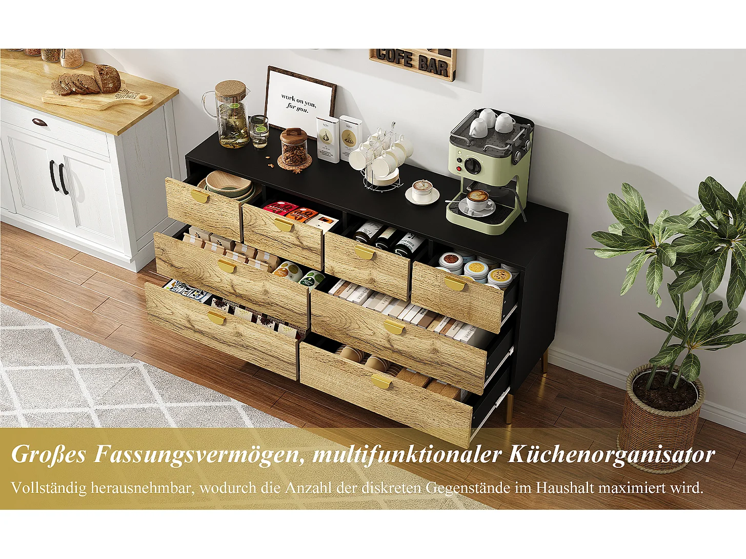 Aparador 150cm MDF 8 gavetas metal preto madeira sala estar sala jantar moderno